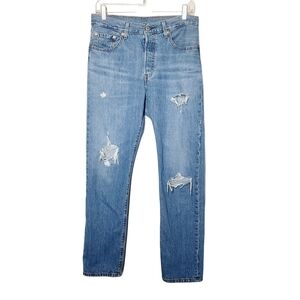 Levi 501 Button Fly Straight Leg Distressed Jeans